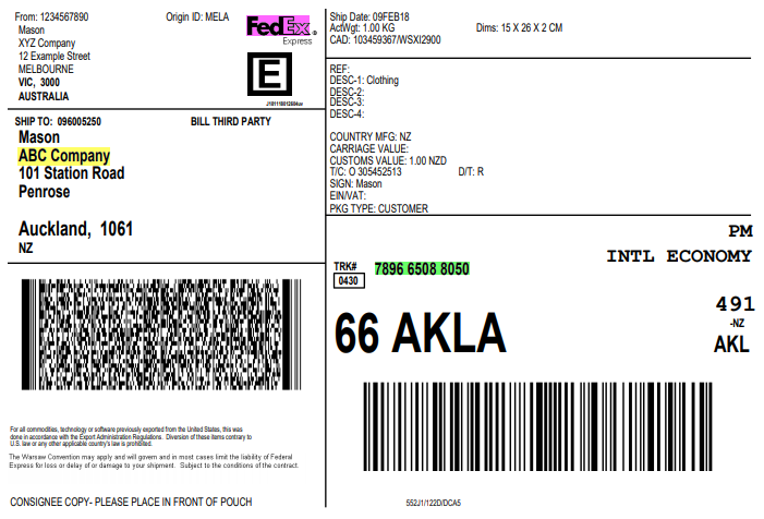 Courier Label Freight Forward Example